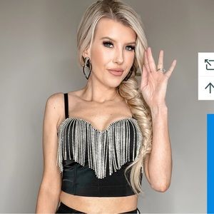 New♥️Corset Rhinestone Black Satin Crop Top festival concert